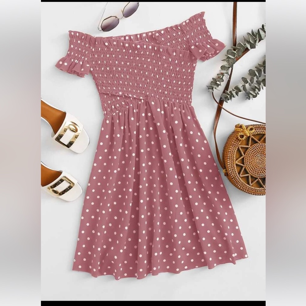 Shein smocked fit and flare cold shoulder sundress pink and white polka dot